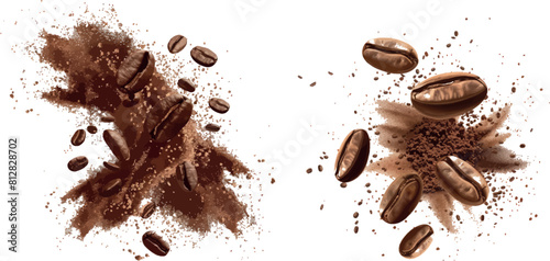 Coffee beans explosion, ground arabica powder with particles