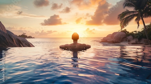 Luxury swimming pool in tropical resort relaxing holidays in Seychelles islands La Digue Young man during sunset by swimpool Seychelles : Generative AI © Generative AI