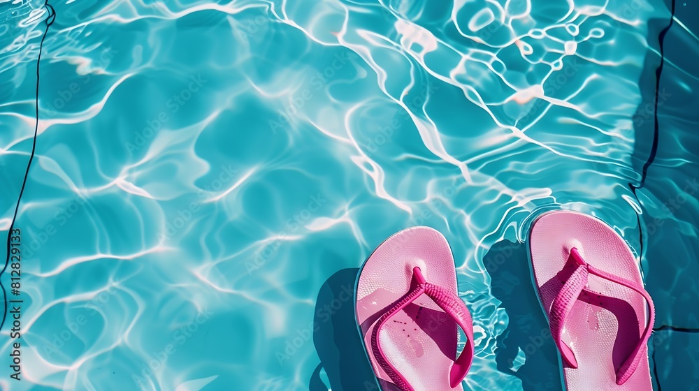 Naklejka premium Summer vacation Pink sandals by swimming pool Blue sea surface with waves texture water Flat mock up for design : Generative AI