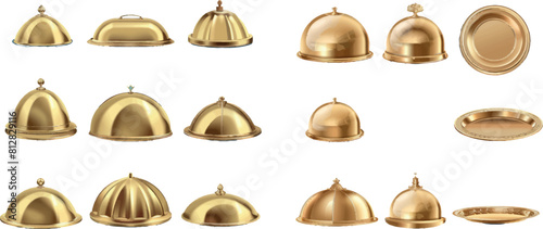 Realistic set of open and closed golden cloche food trays