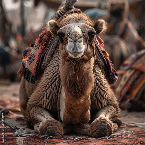 Adorable Camel Resting in a Vibrant Marketplace