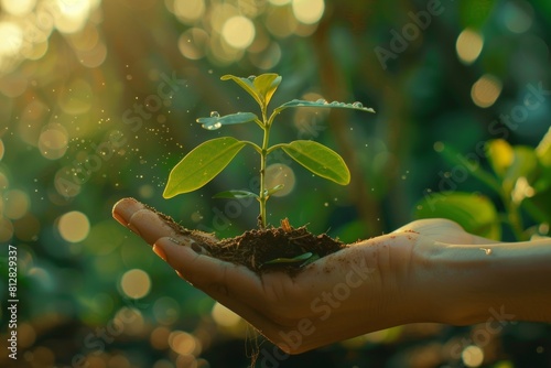 Nurturing hand cradling a small plant in a pot, symbolizing growth and care. Nature's embrace concept.