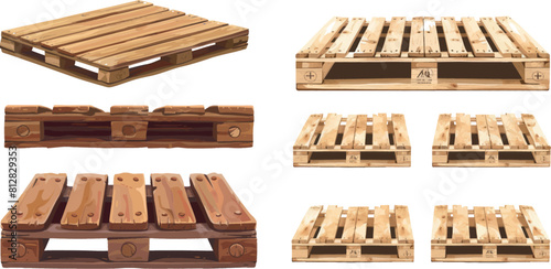 Wooden pallet front and angle view. Wood trays for cargo loading and transportatio