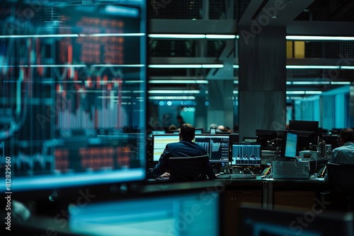 A busy stock exchange floor with brokers and traders monitoring tickers and graphs An empty digital screen in the foreground is perfect for custom text amidst the highenergy enviro