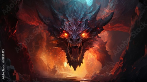 Firebreathing dragon in a cave flat design front view fantasy theme water color Complementary Color Scheme
