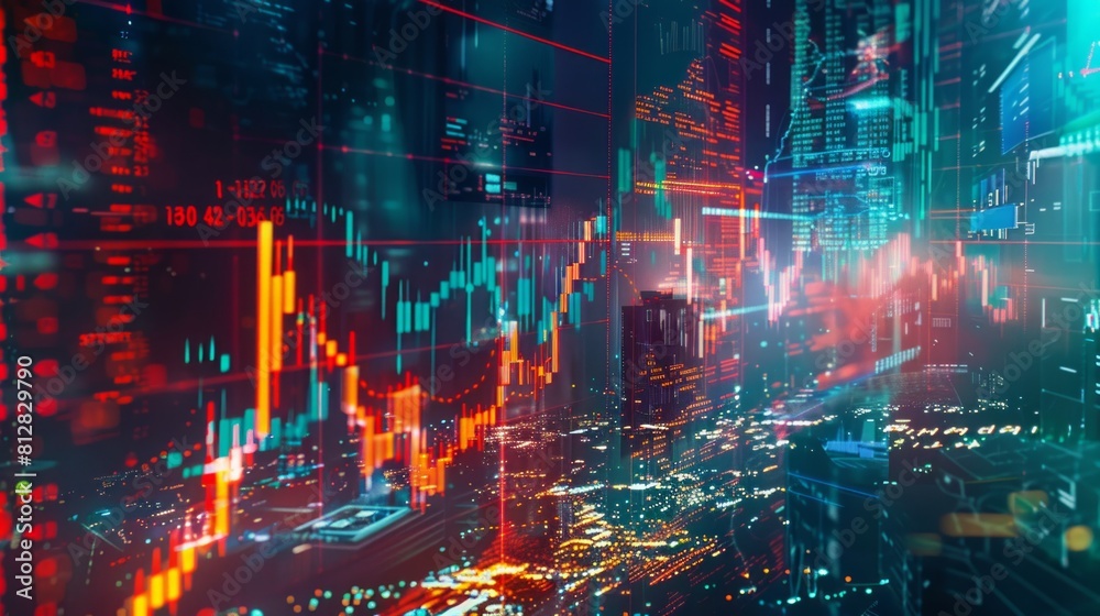 Fototapeta premium A colorful cityscape with a lot of red and green lines