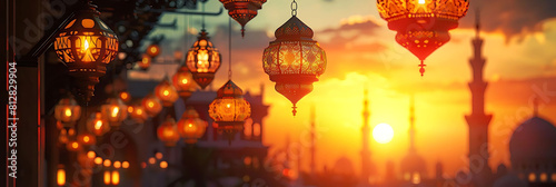 golden hour glow with ramadan lanterns hanging from the ceiling