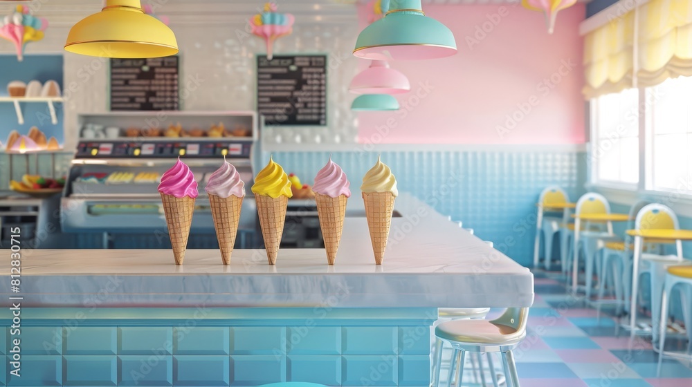 An oldfashioned ice cream parlor with vintage decor and colorful ice ...