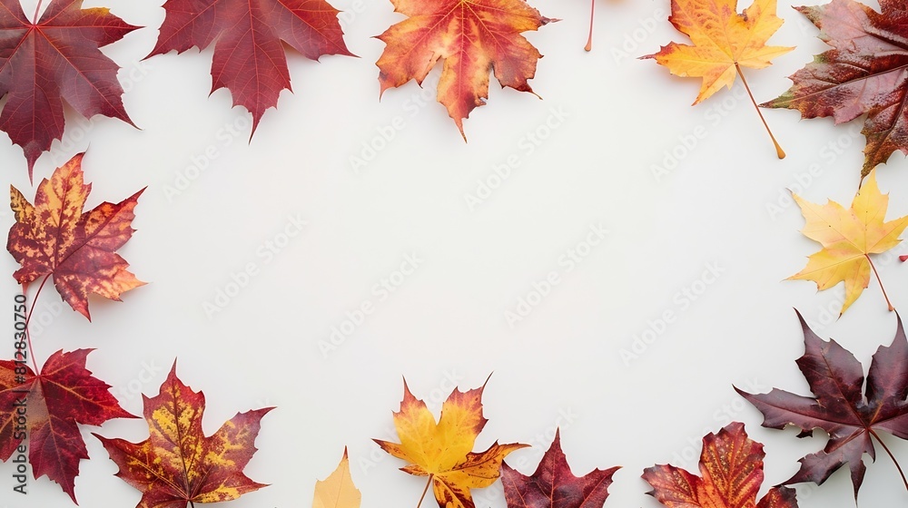 Autumn composition Frame made of autumn maple leaves on white background Flat lay top view copy space : Generative AI Autumn composition Frame made of autumn maple leaves on white background Flat lay top view copy space : Generative AI