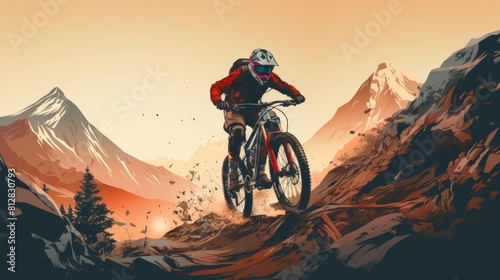 Mountain biking on rugged trails flat design side view adventure sport theme 3D render Monochromatic Color Scheme