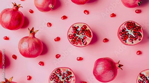 Fresh pomegranate creative layout on bright background Healthy eating and dieting food concept Winter fruits and berries composition Top view flat lay design elements   Generative AI