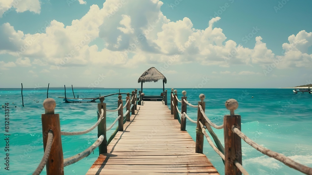 Naklejka premium Paradise Vacations And Tourism Concept Tropical Resort Jetty on Isla Mujeres MexicoCancun : Generative AI