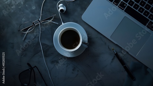 Desk with laptop eye glasses earphone pen and a cup of coffee Top view with copy space : Generative AI