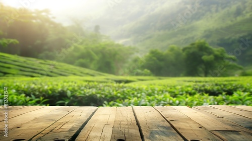 Wooden table top on blur green tea mountain and grass fieldFresh and Relax conceptFor montage product display or design key visual layoutView of copy space : Generative AI photo