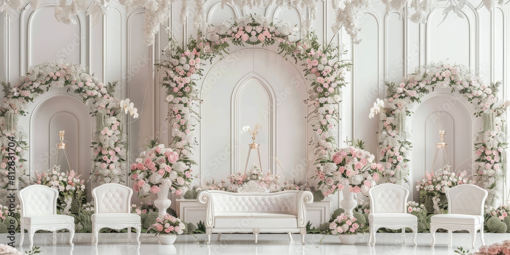 Wedding backdrop with chair aesthetic flower wreath pastel color decoration indoor white background Wedding backdrop with chair aesthetic flower wreath pastel color decoration indoor white background