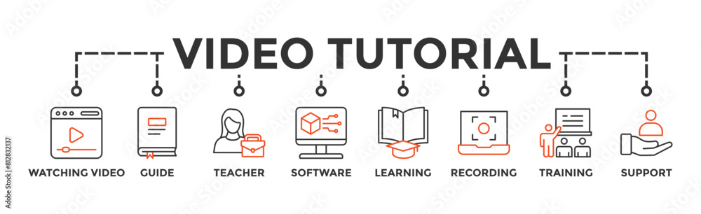 Video tutorial banner web icon vector illustration concept with icon of watching video, guide, teacher, software, learning, screen recording, online training, support Video tutorial banner web icon vector illustration concept with icon of watching video, guide, teacher, software, learning, screen recording, online training, support