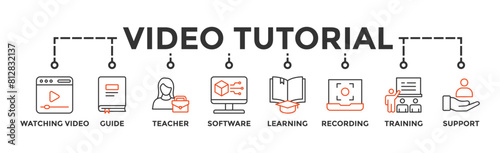 Video tutorial banner web icon vector illustration concept with icon of watching video, guide, teacher, software, learning, screen recording, online training, support