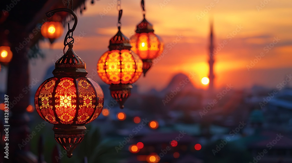 golden sunset glow with ramadan lanterns hanging from the ceiling golden sunset glow with ramadan lanterns hanging from the ceiling