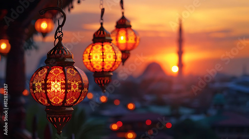 golden sunset glow with ramadan lanterns hanging from the ceiling © YOGI C
