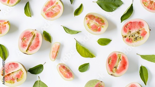 Creative layout made of guava on the white background Flat lay Food concept Macro concept : Generative AI photo