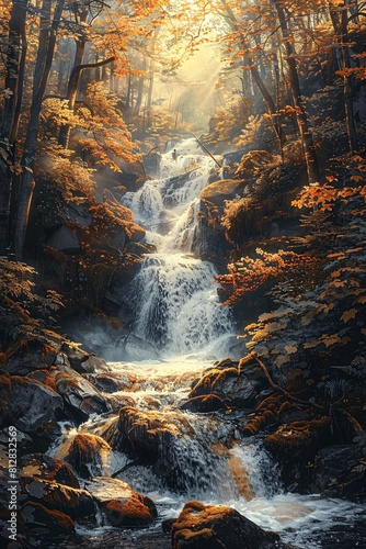 Nature s Symphony  A Lush  Forest Waterfall in Autumn