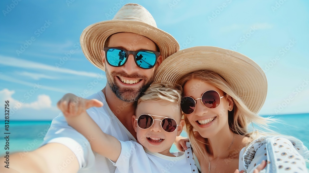 Happy family taking selfie on beach near sea Summer vacation : Generative AI
