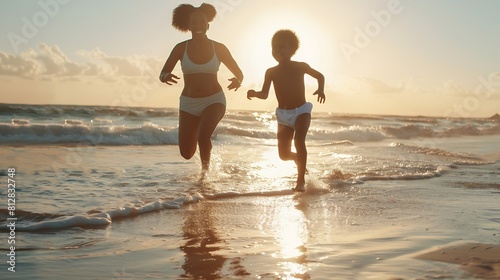 Black mother and daughter running on the beach at sunset time during summer vacation  Family people having fun together outdoor  Travel and happiness lifestyle  Focus on moms face : Generative AI photo