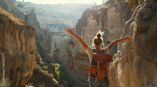 Woman outdoor exploring Tazi canyon in Turkey travel lifestyle hiking in mountains girl hiker raised hands active summer vacations backpacking : Generative AI