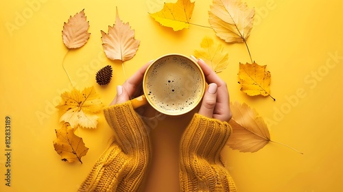 Autumn composition with womans hands cup of hot aromatic coffee and autumn yellow leaves Flatlay Top view Selective focus : Generative AI photo