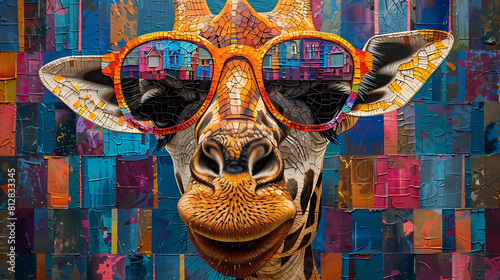 A giraffe wearing sunglasses chuckles, its long neck stretching upward. Its spotted coat glows in the sun. Joy radiates from its expression, a whimsical touch of nature's humor