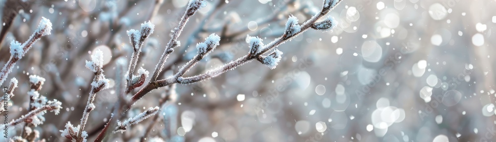 Frosted landscapes depicting the increased snowfall during La Nina winters A closeup of snowflakes crystallizing on branches Frosted landscapes depicting the increased snowfall during La Nina winters A closeup of snowflakes crystallizing on branches