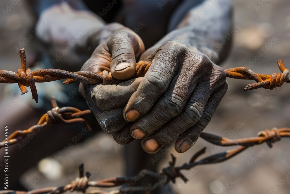 hand, hold, tightly, barb, wire, convey, desperation, war, peril, clasp, despair, somber, closeup, oppress, support, sorrow, conflict, hardship, displace, courage, struggle, trauma, refugee, victim hand, hold, tightly, barb, wire, convey, desperation, war, peril, clasp, despair, somber, closeup, oppress, support, sorrow, conflict, hardship, displace, courage, struggle, trauma, refugee, victim
