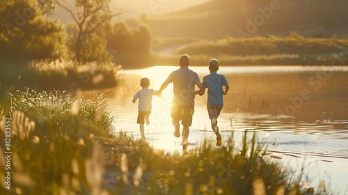 Father and sons running towards lake during vacation : Generative AI photo
