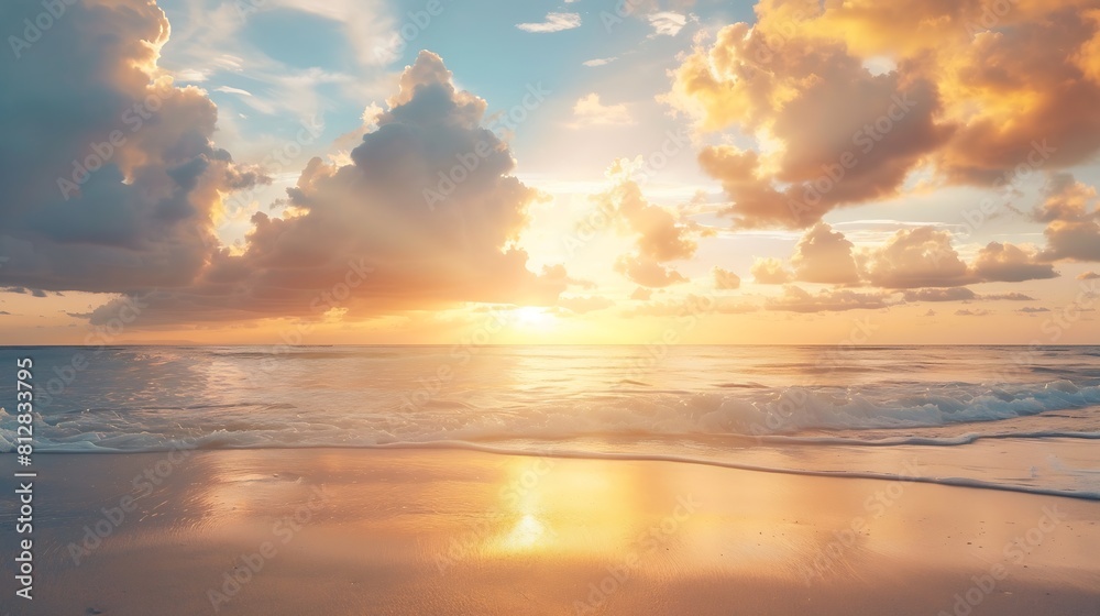 Obraz premium Idyllic sunset sky with cloud on sea beach sand wave exotic summer vacation concept : Generative AI