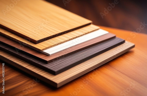Warm-toned stack of assorted laminate flooring samples laid on a wooden surface