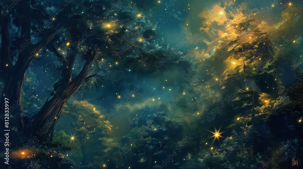 a painting of a forest at night with stars in the sky, a detailed matte painting deviantart, fantasy art, flickering light, nightscape, mystical