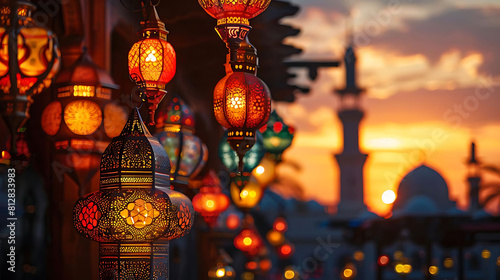 intricate ramadan lantern detail featuring a red lantern and an orange lantern hanging from the ceiling