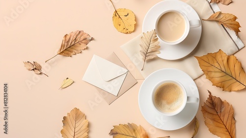 Minimal aesthetic business brand blog social media template Blank card coffee cup and dry leaves on neutral background Flat lay top view : Generative AI