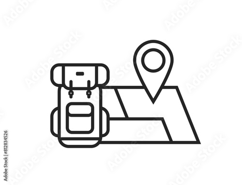 backpack and map with location pin line icon. travel, hiking and vacation symbol. isolated vector illustration for tourism design