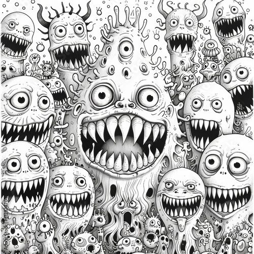 Detailed black and white illustration of various cartoon monsters with expressive faces and dynamic poses.