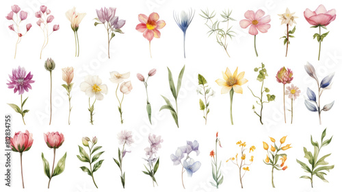 Wallpaper Mural Set of watercolor wildflowers painting isolated on clear png background and transparent background. Fresh and nature concept for nature decorative and flower element, AI generative.	
 Torontodigital.ca
