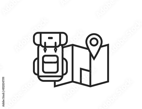 backpack and map line icon. travel, hiking and vacation symbol. isolated vector illustration for tourism design
