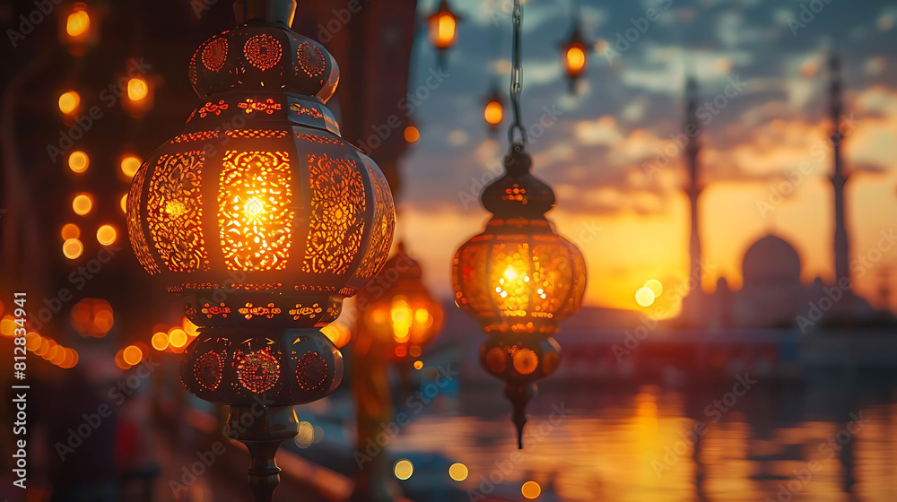majestic ramadan lanterns illuminate the night sky, reflecting off the tranquil waters below majestic ramadan lanterns illuminate the night sky, reflecting off the tranquil waters below