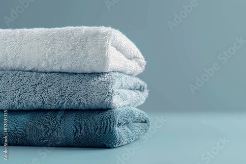 A stack of three soft  fluffy towels in varying shades of blue.