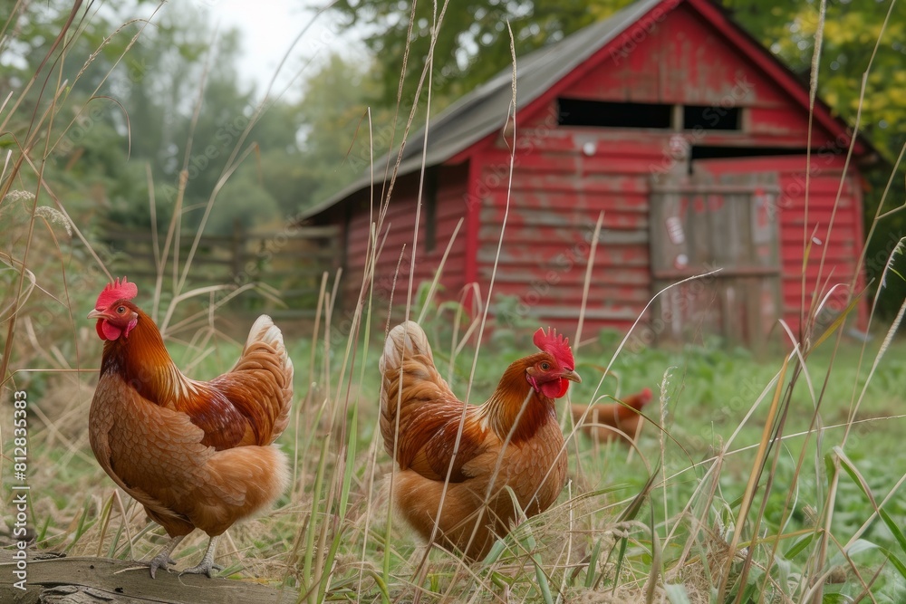 Fototapeta premium Three chickens roam freely in tall grass with a rustic red barn in the background