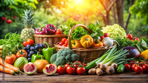 Healthy Organic Produce: Fresh Fruits and Vegetables. Perfect for: World Health Day, Earth Day, Organic Harvest Festival, healthy eating promotion, organic farming promotion, farm-to-table concept.