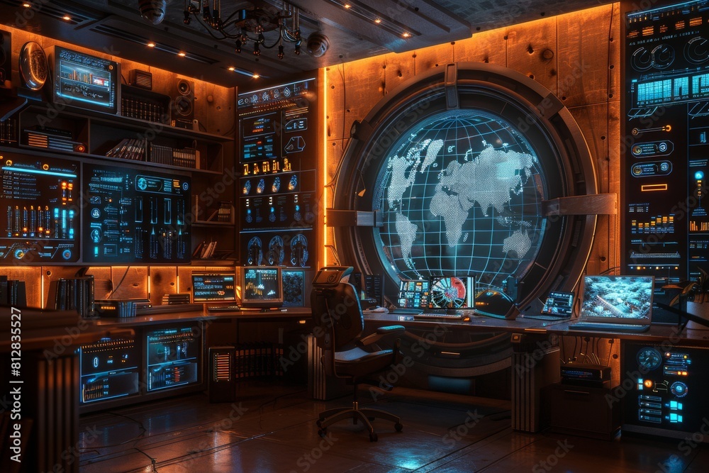 High-tech command center with advanced global monitoring capabilities, featuring interactive displays and wooden accents. High-tech command center with advanced global monitoring capabilities, featuring interactive displays and wooden accents.