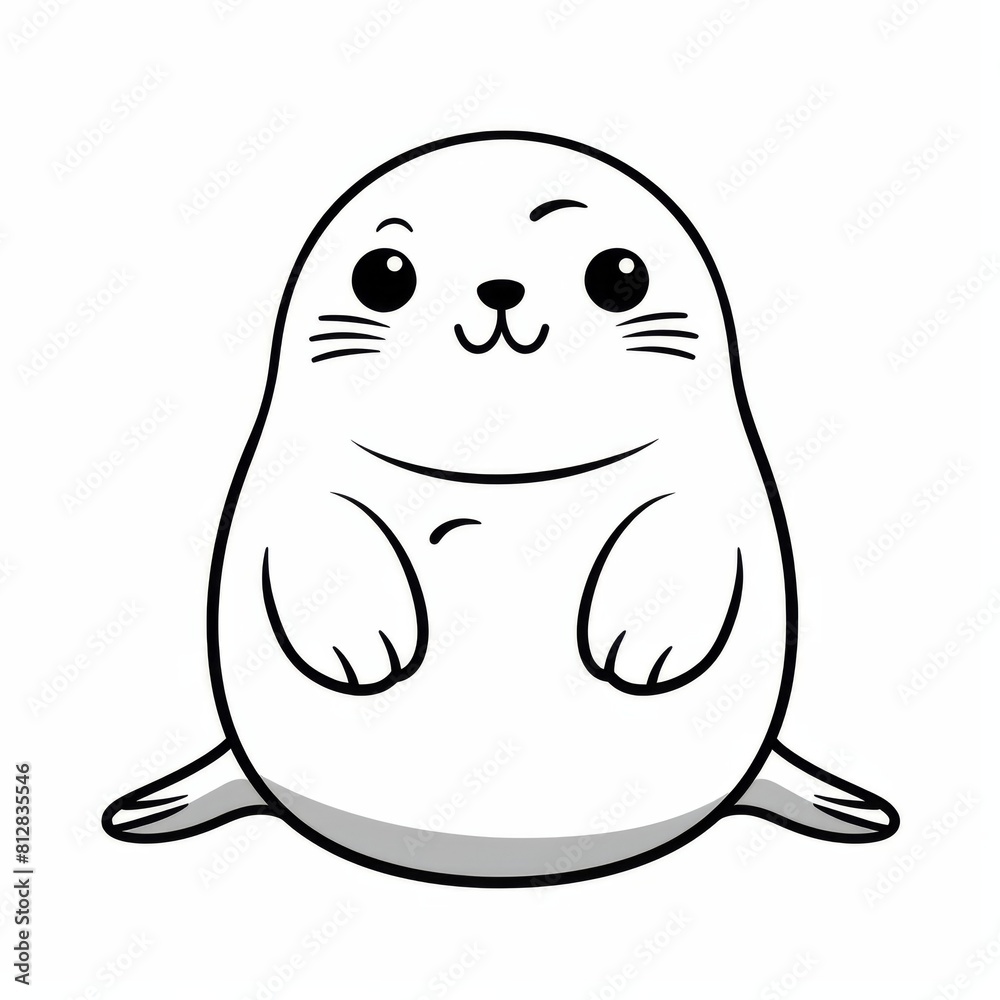 Cartoon seal in a sitting position on a plain white backdrop. Kids coloring page