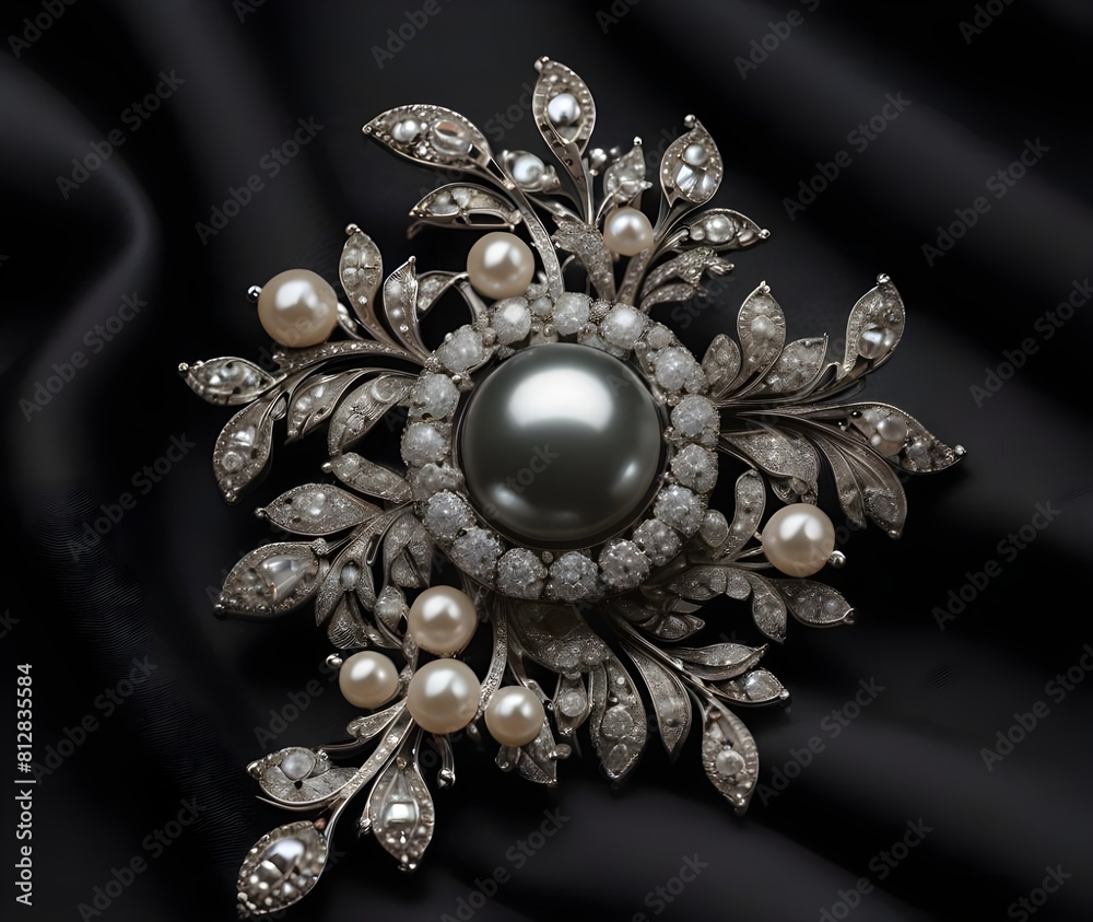 A stunning brooch featuring pearls and diamonds, placed on a black cloth. A stunning brooch featuring pearls and diamonds, placed on a black cloth.