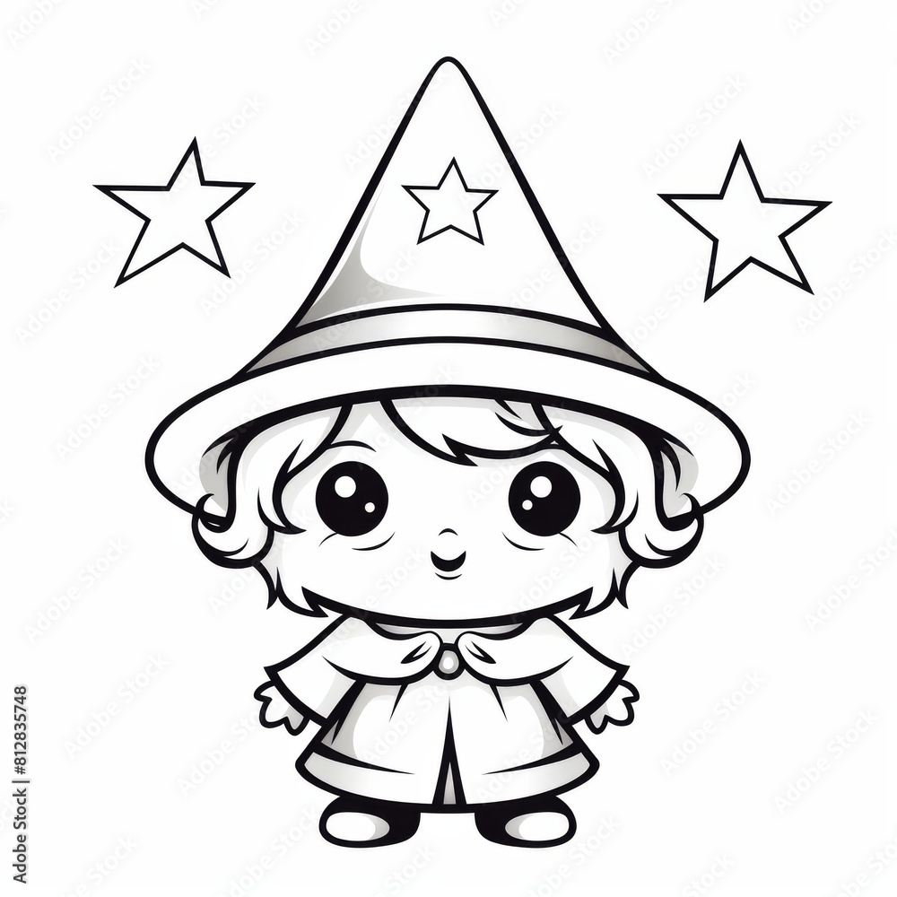 Black and white drawing of a small witch with stars on her head. Kids coloring page